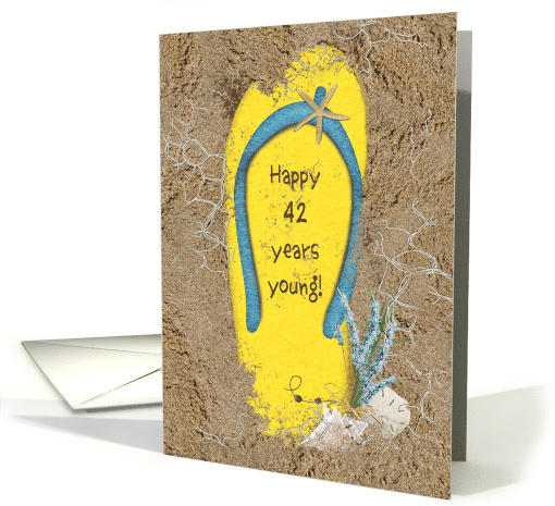 42nd Birthday Yellow Flip Flop In Sand With Starfish card (1098014)