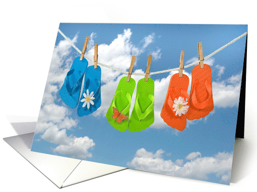 Friend's Birthday, colorful flip flops on a clothesline card (1101374)