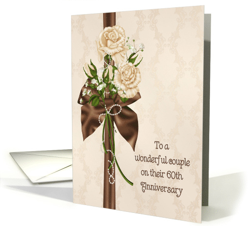 60th Wedding Anniversary rose bouquet on damask-like background card