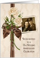 75th Anniversary party photo card invitation with ivory rose bouquet card