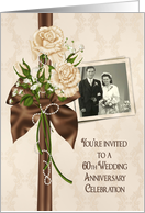 60th Anniversary party photo card invitation with ivory rose bouquet card