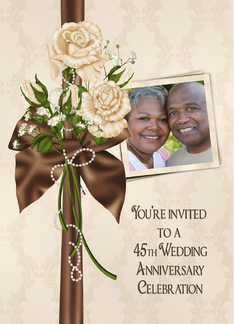 45th Anniversary party photo card invitation with ivory rose bouquet