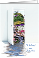 Step Mom sympathy, open white door with waterfalls in garden card