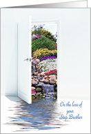 Step Brother sympathy, open white door with waterfalls in garden card