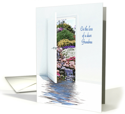 Loss of Grandma, open white door with waterfalls in garden card