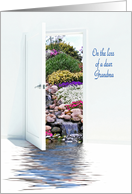 Loss of Grandma, open white door with waterfalls in garden card