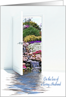 Loss of Husband sympathy, white open door with waterfalls in garden card