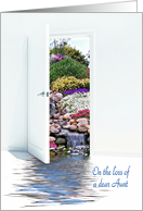 Loss of Aunt, white open door with waterfalls in garden scene card