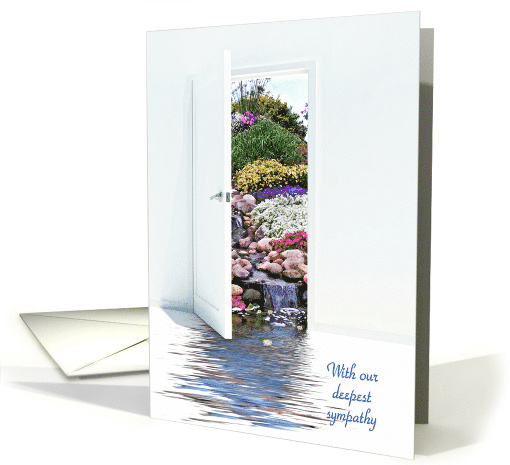 Sympathy from couple, open white door with waterfalls in garden card