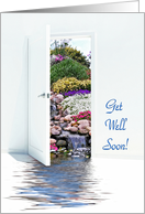 Get Well Soon - open door with waterfalls in garden card