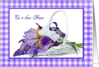 Birthday for Nana - iris bouquet in white wicker basket card