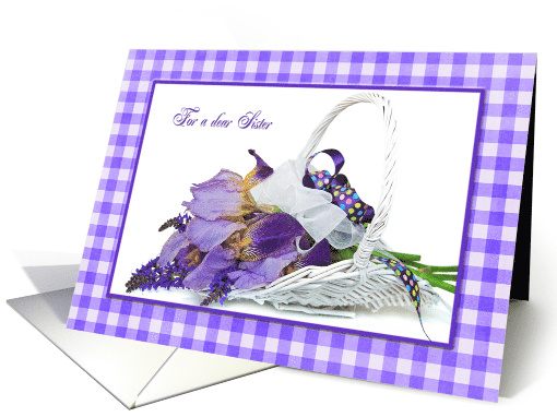 Birthday for sister purple iris bouquet in white wicker basket card
