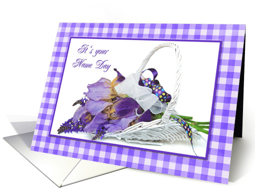 Name Day purple iris bouquet in white wicker basket card (1111698)