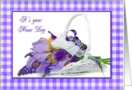 Name Day purple iris bouquet in white wicker basket card