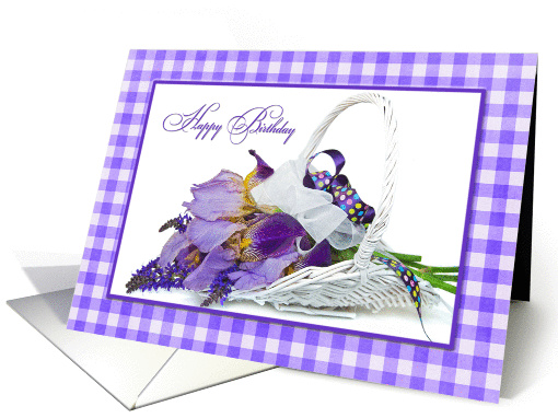 Happy Birthday - iris bouquet in white wicker basket card (1111732)