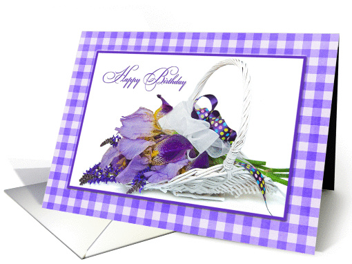 Godmother's Birthday - iris bouquet in white wicker basket card