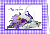 Godmother’s Birthday - iris bouquet in white wicker basket card