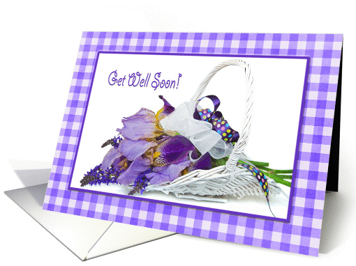 Get Well Soon - iris bouquet in white wicker basket card (1111750)