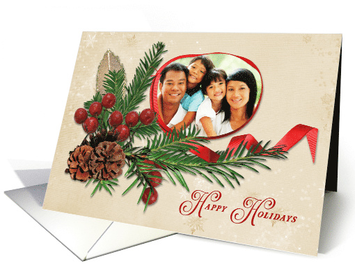 Happy Holidays Photo Card With Red Ribbon and Pine Frame card
