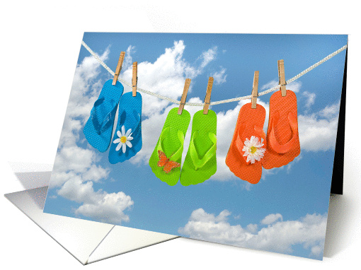 Birthday- colorful flip-flops on a clothesline with daisies card