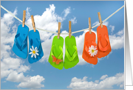 Birthday for Sister, colorful flip flops on a clothesline with daisies card