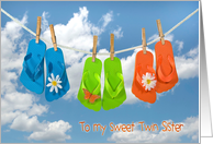 Twin Sister’s Birthday, flip flops on clothesline with daisies card