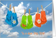 Step Sister’s Birthday,colorful flip flops on clothesline with daisies card