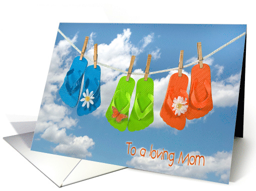 Mom's Birthday, colorful flip flops on clothesline with daisies card