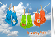 Mom’s Birthday, colorful flip flops on clothesline with daisies card