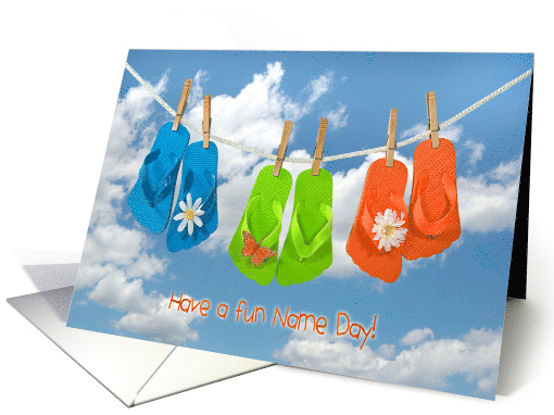 Name Day colorful flip flops on clothesline with daisies card