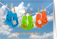 Name Day colorful flip flops on clothesline with daisies card