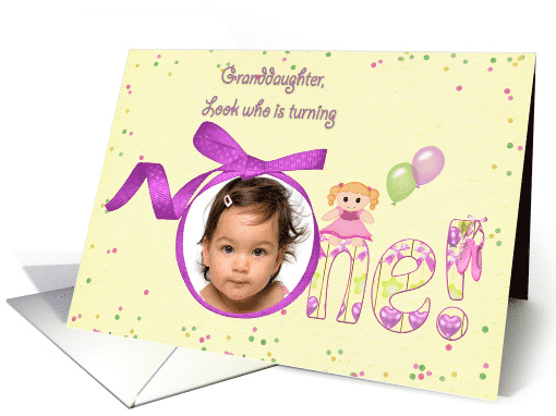 Granddaughter's 1st Birthday photo card with digital ribbon frame card