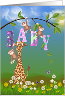 New Baby Girl congratulations giraffe and monkeys with daisies card