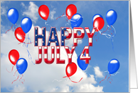 4th of July red and blue balloons floating in sky card