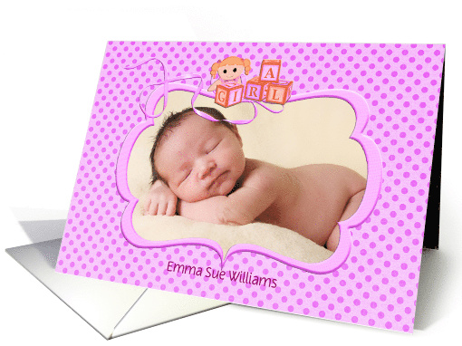 Girl adoption Announcement photo card - pink polka dots with doll card