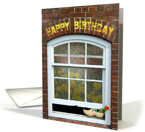 Happy Birthday - Dutch wooden shoe with red tulip on window sill card