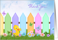 Thank You-garden with duck, flowers,butterflies and frog card