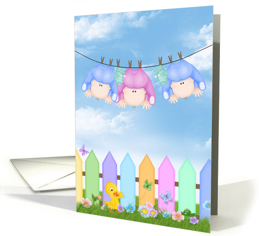 Baby Triplets Announcement-babies on clothesline with garden card