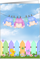 Baby Triplets Announcement-babies on clothesline with garden card