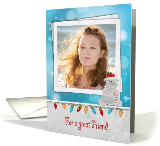 Friend's Christmas polar bear photo card with lights and tinsel card