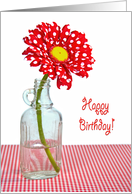 Happy Birthday-red and white polka dot daisy in an old bottle card