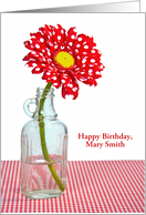Birthday for name specific, red and white polka dot daisy in a bottle card