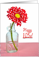 105th Birthday red and white polka dot daisy in a vintage bottle card