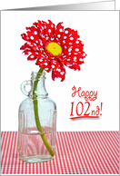 102nd Birthday, red and white polka dot daisy in a vintage bottle card