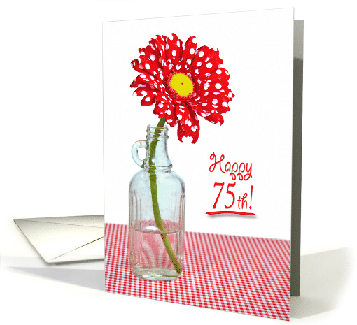 75th Birthday red and white polka dot daisy in vintage bottle card