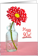 90th Birthday, red and white polka dot daisy in vintage bottle card