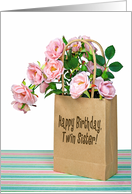 Twin Sister’s Birthday - pink roses in brown paper bag card