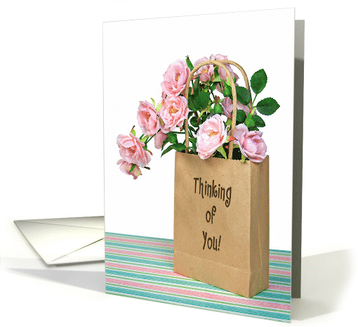 Thinking of You for sister, pink roses in brown paper bag card