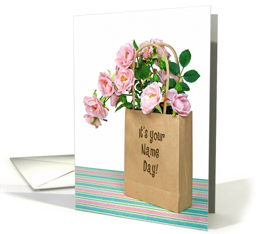 Name Day for sister - pink roses in brown paper bag card (1134720)