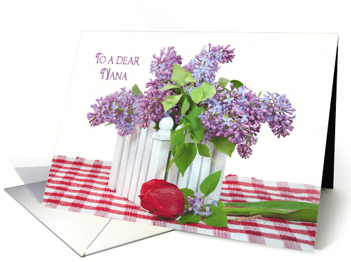 Nana's Birthday lilac bouquet with single red tulip card (1137118)